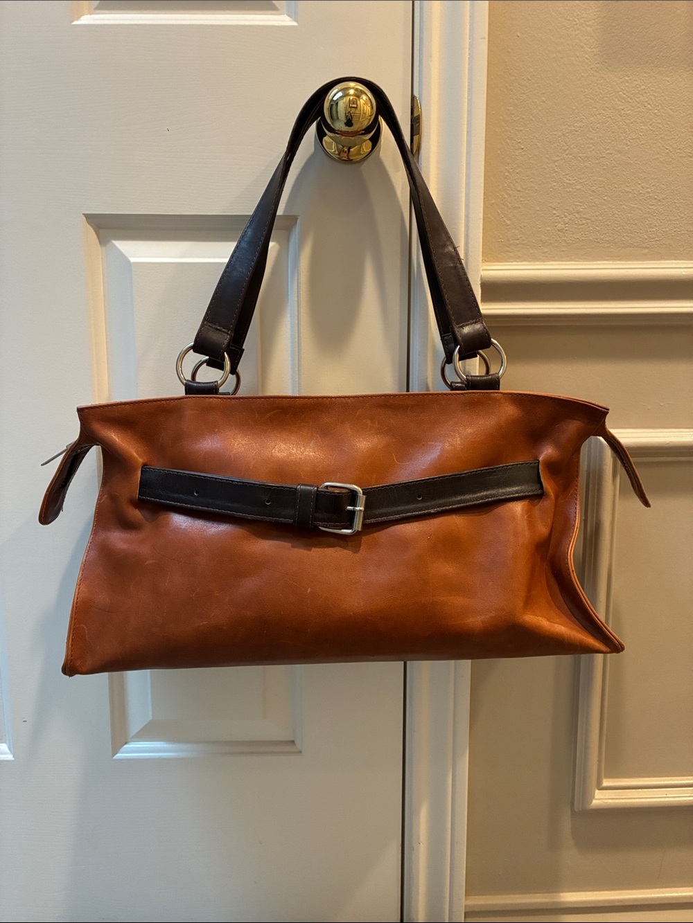 Cognac Leather Tote Bag with Dark Brown Strap